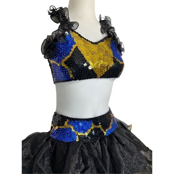 Black Gold Dance Cheer Pageant Costume Sequins Girls Medium CM 6pc Halter Tutu - Picture 6 of 14